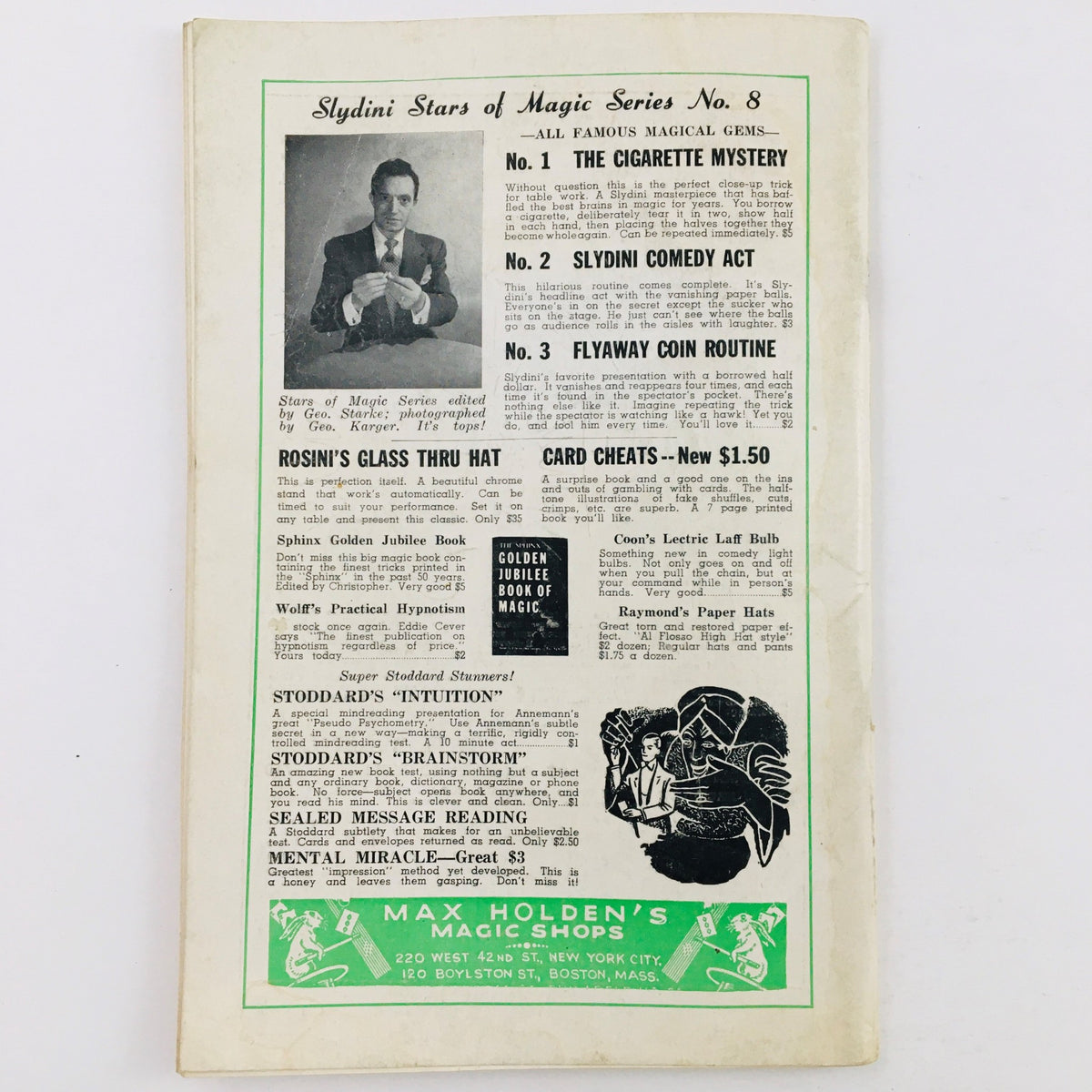 Back cover of The Linking Ring Vol. 31 No. 1 March 1951 featuring advertisements and magic tricks including Slydini's performances and Max Holden's Magic Shops.