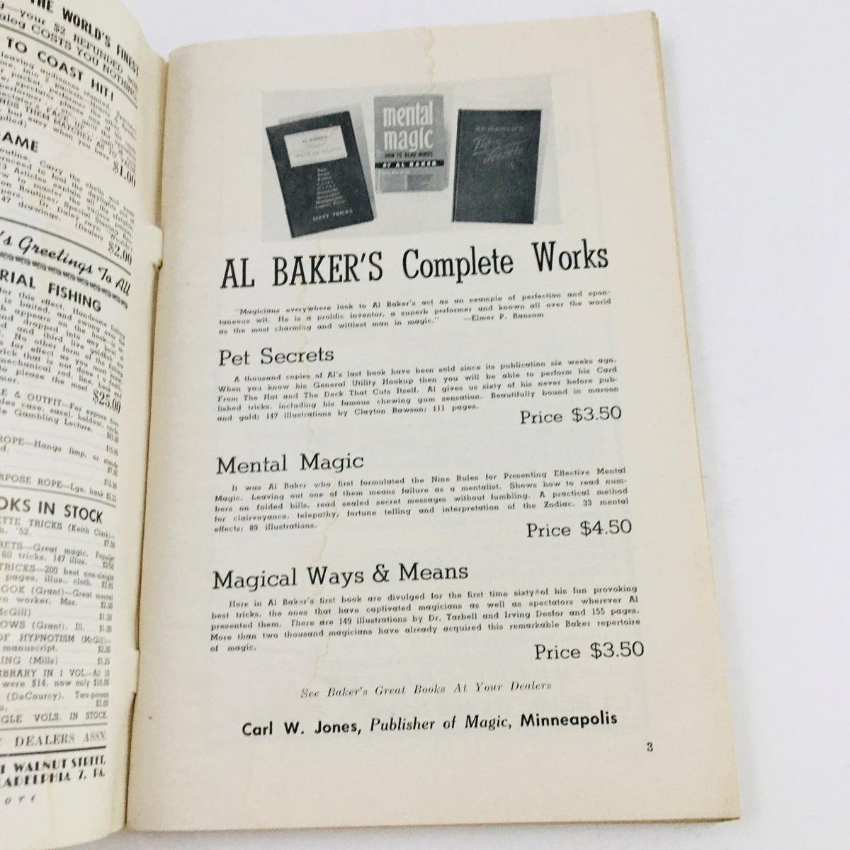 Interior page from The Linking Ring Vol. 31 No. 10 December 1951 showcasing advertisement for Al Baker's Complete Works.