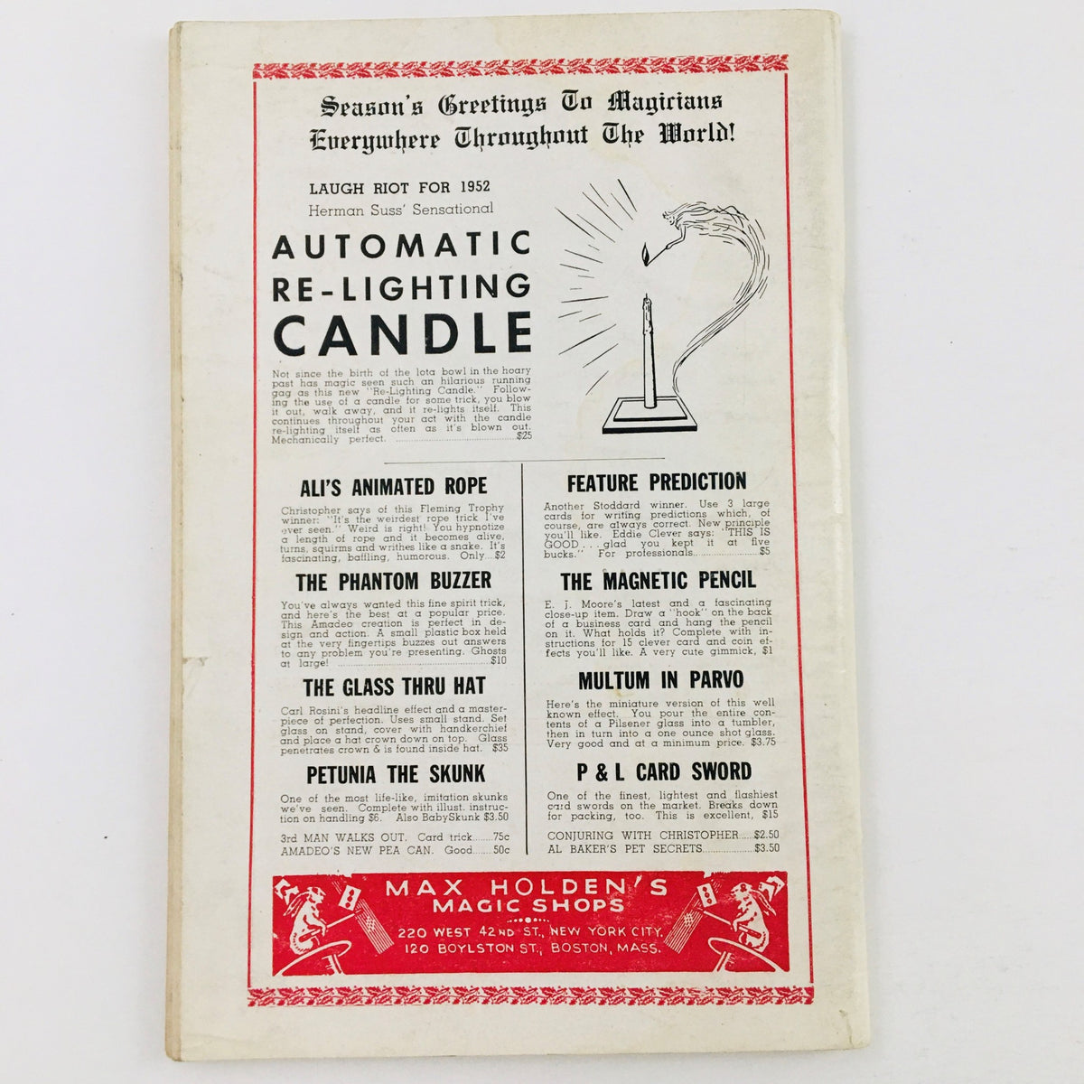 Back cover of The Linking Ring Vol. 31 No. 10, December 1951, displaying an advertisement for magic products, emphasizing its appeal to magicians and collectors.
