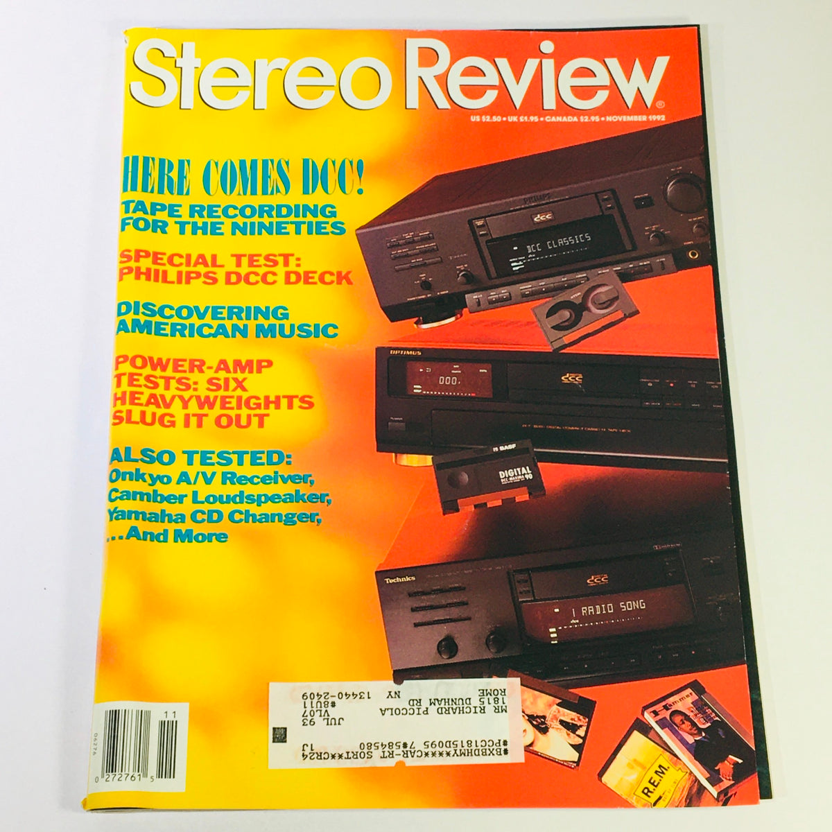 Cover of Stereo Review Magazine November 1992, featuring Philips DDC Deck and Onkyo A/V Receiver with a bright orange background and headlines discussing tape recording, power-amp tests, and other audio equipment.