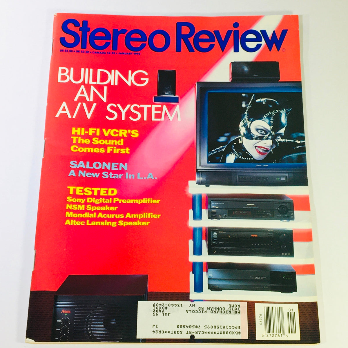 Cover of Stereo Review Magazine January 1993 featuring the title 'Building an A/V System' highlighting Hi-Fi VCR's and Sony Digital Preamplifier Test alongside images of audio equipment.