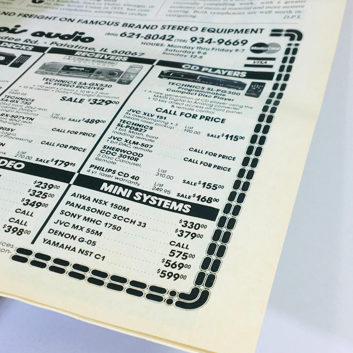 Interior page from Stereo Review Magazine January 1993 displaying advertisements for brand name stereo equipment including receivers and CD players, illustrating the audio technology of the early '90s.