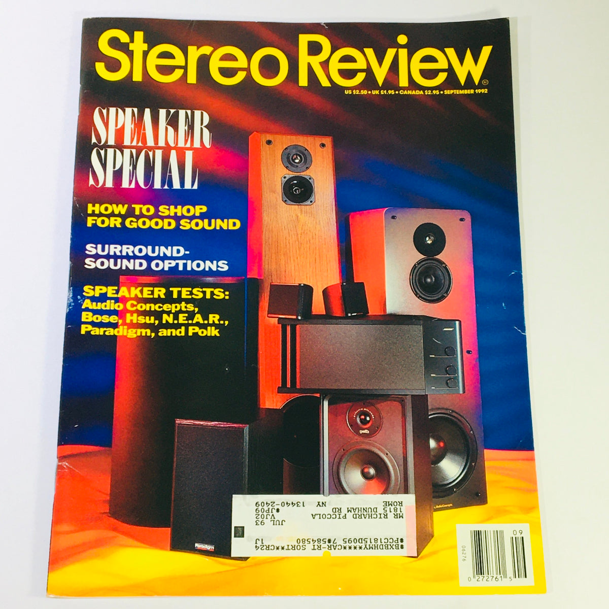 Cover of Stereo Review Magazine September 1992 featuring a 'Speaker Special' article. The magazine highlights speaker tests including Audio Concepts and Paradigm, offering valuable insights for audiophiles.