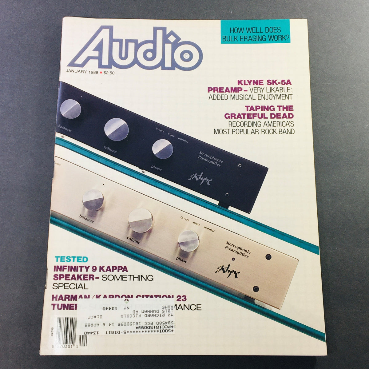 Cover of VTG Audio Magazine January 1988 featuring Klyne SK-5A Preamp and Infinity 9 Kappa Speaker with details on audio technology and reviews.