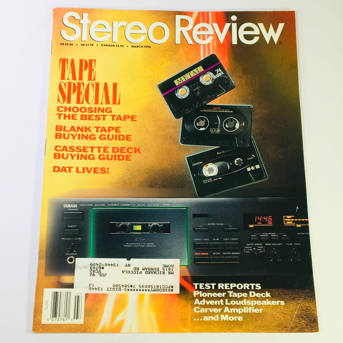 Cover of Stereo Review Magazine March 1992 featuring a Tape Special with articles on choosing the best tape, blank tape buying guide, and cassette deck buying guide, along with test reports on Pioneer Tape Deck and Advent Loudspeakers.