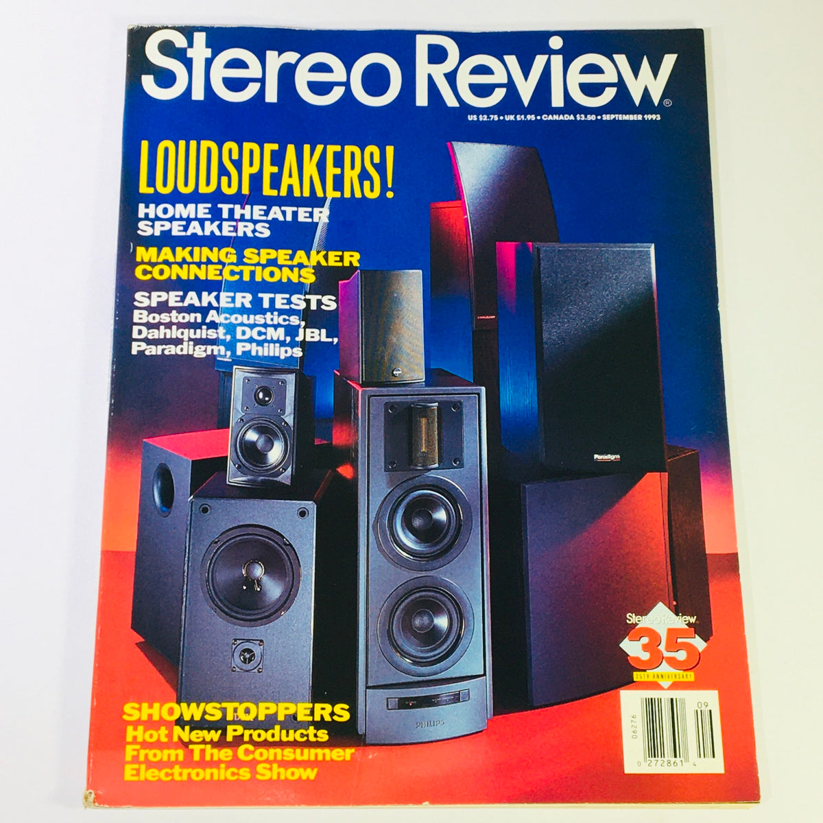 Cover of Stereo Review Magazine September 1993 featuring loudspeakers, with highlights on speaker tests for Boston Acoustic and Dahlquist, showcasing a collection of audio equipment in a striking design.