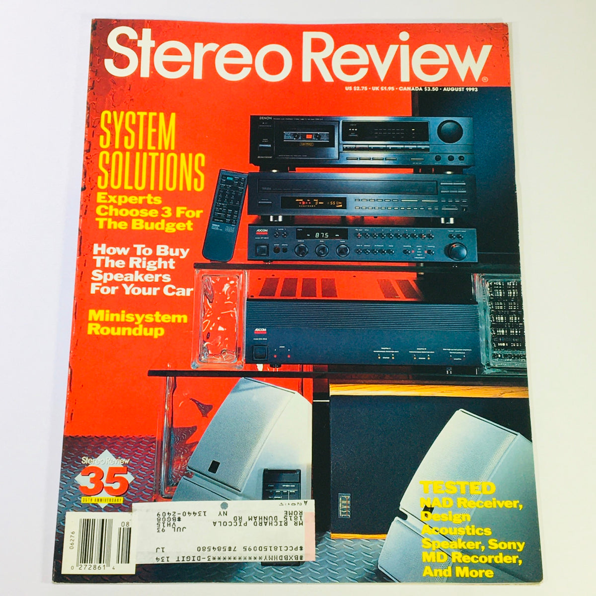 Cover of Stereo Review Magazine August 1993 featuring a Minisystem Roundup and tested NAD Receiver, highlighting audio technology advancements with various components displayed prominently.