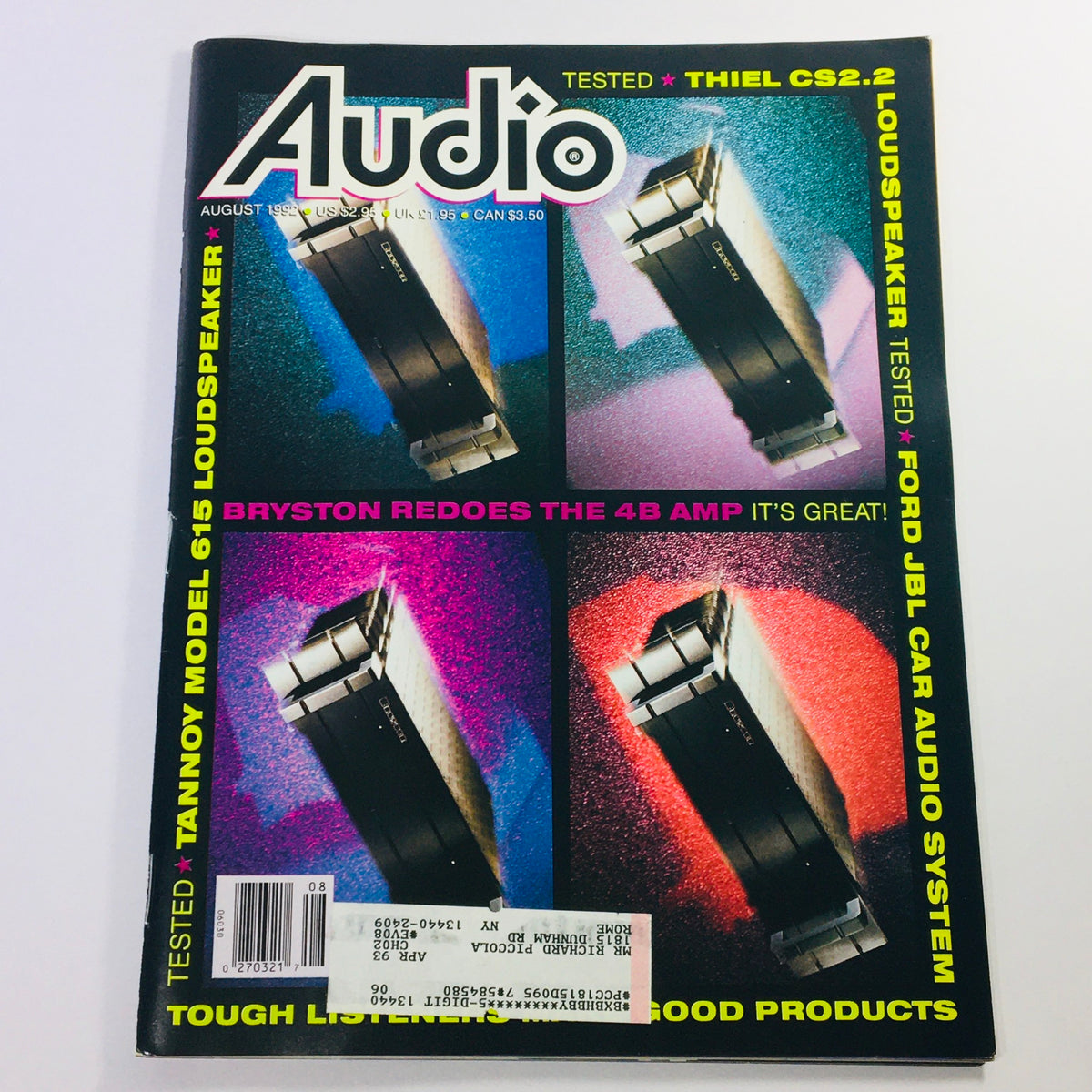 Cover of Audio Magazine August 1992 featuring an article on Bryston Reddoes The 4B Amp and Tannoy Model 615 speakers, showcasing vibrant graphics and the magazine title prominently.