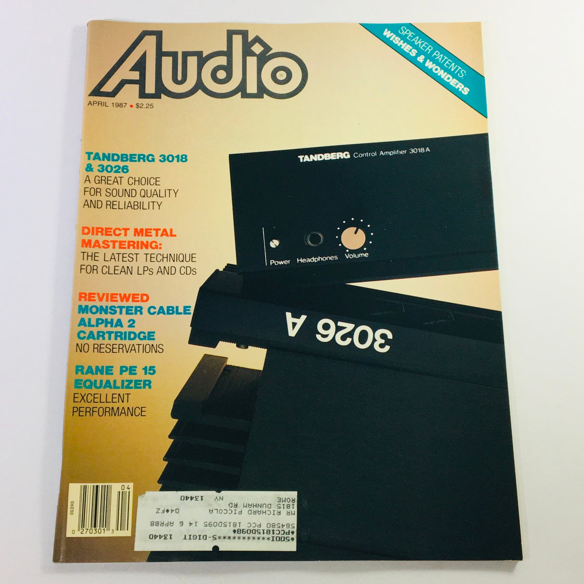 Cover of VTG Audio Magazine April 1987 featuring Tandberg 3018 & 3026 and Rane PE 15 Equalizer, highlighting advancements in audio technology.