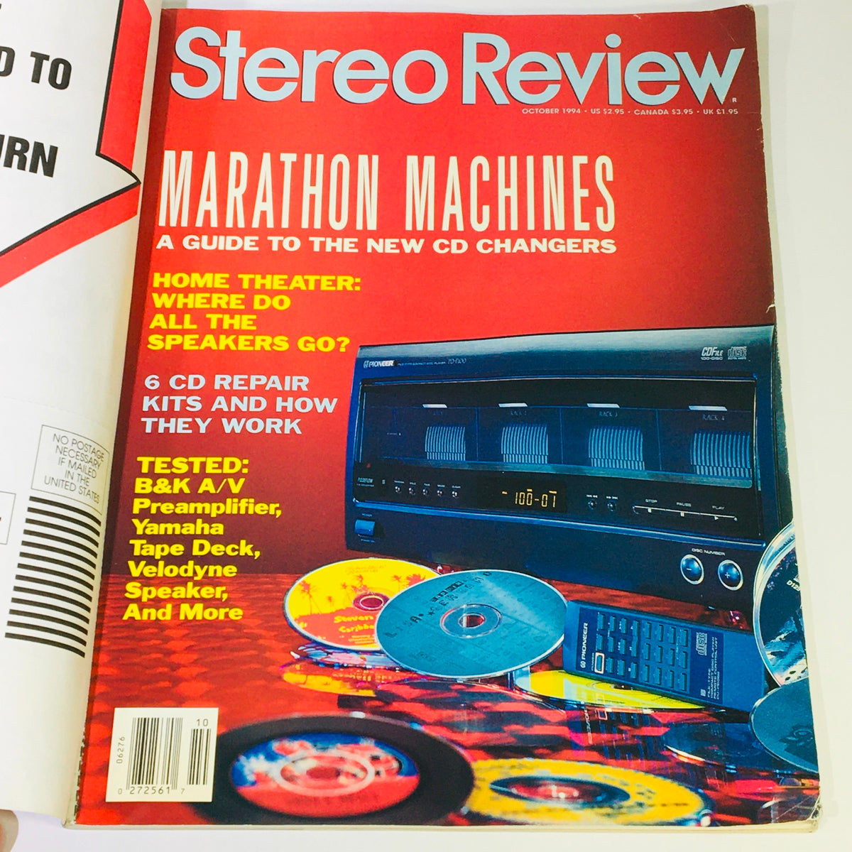 Cover of the Stereo Review Magazine October 1994 featuring an article on B&K A/V Preamplifier and Yamaha Tape Deck, with the headline 'Marathon Machines' highlighting new CD changers.