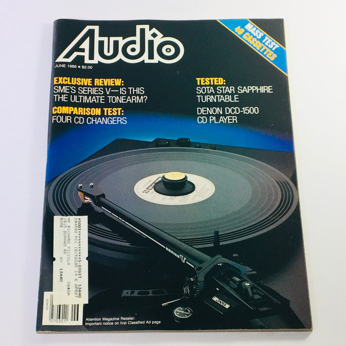 VTG Audio Magazine June 1986 featuring an exclusive review of SME Series V tonearm and a test of the Sota Star Sapphire Turntable. The cover highlights audio equipment with a striking image of a record player.