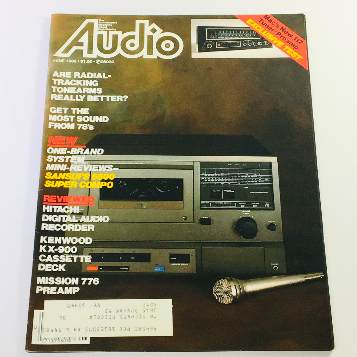 Cover of VTG Audio Magazine June 1982 featuring reviews of the Hitachi Digital Audio Recorder and Kenwood KX-900. The magazine discusses audio technology, retro audio systems, and includes vibrant promotional graphics.
