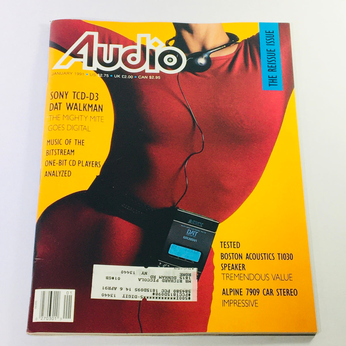 Cover of Audio Magazine January 1991 featuring the Sony TCD-D3 DAT Walkman and Alpine 7909 Car Stereo, highlighting advancements in audio technology with vibrant colors.