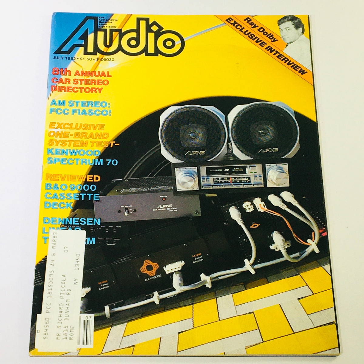 Cover of VTG Audio Magazine July 1982 featuring AM Stereo FCC Fiasco and Kenwood Spectrum 70 Test. The vibrant cover highlights audio equipment with Alpine speakers and an exclusive interview with Ray Dolby.