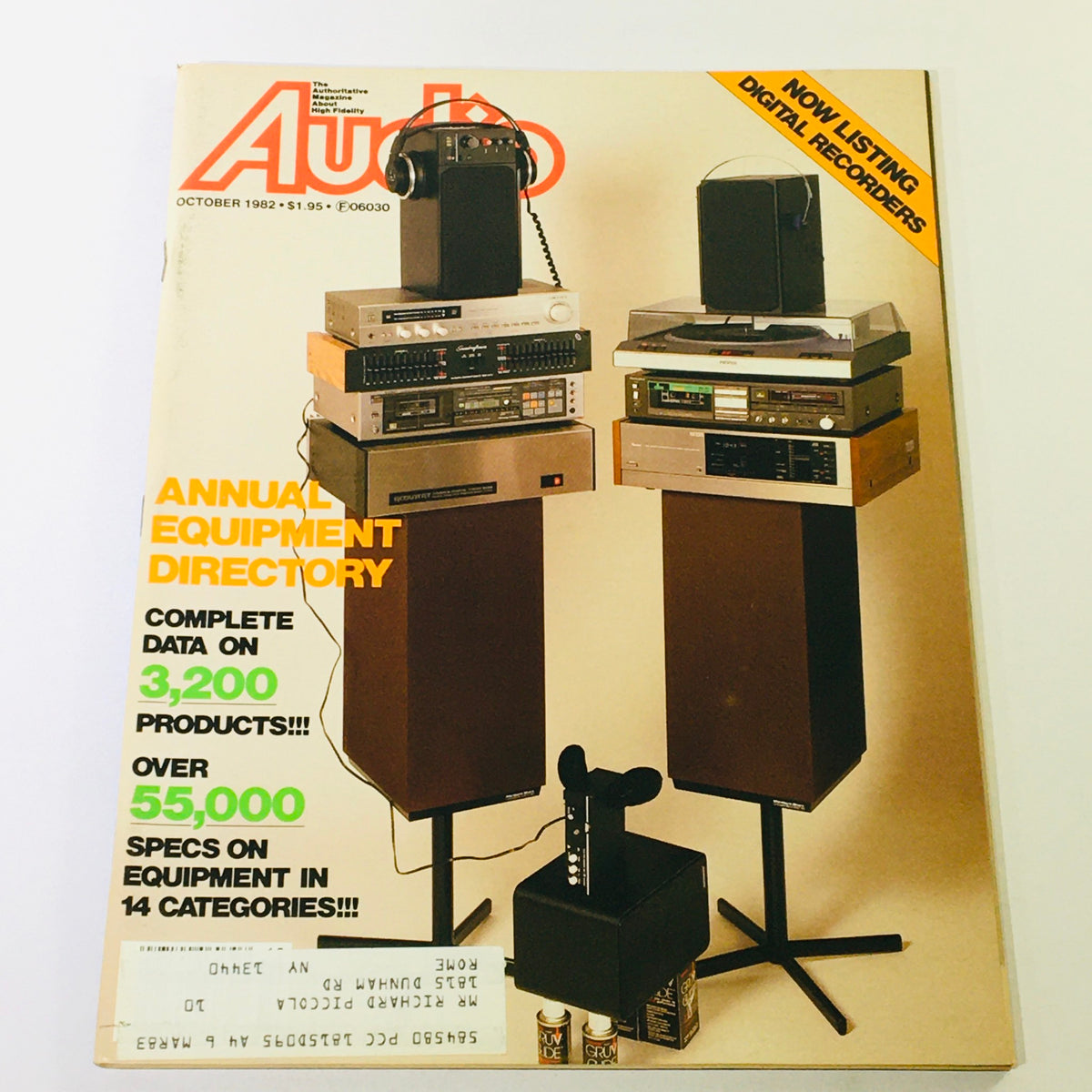 Vintage Audio Magazine October 1982 cover featuring audio equipment specifications and digital recorders, showcasing an annual equipment directory with details on over 55,000 audio products.