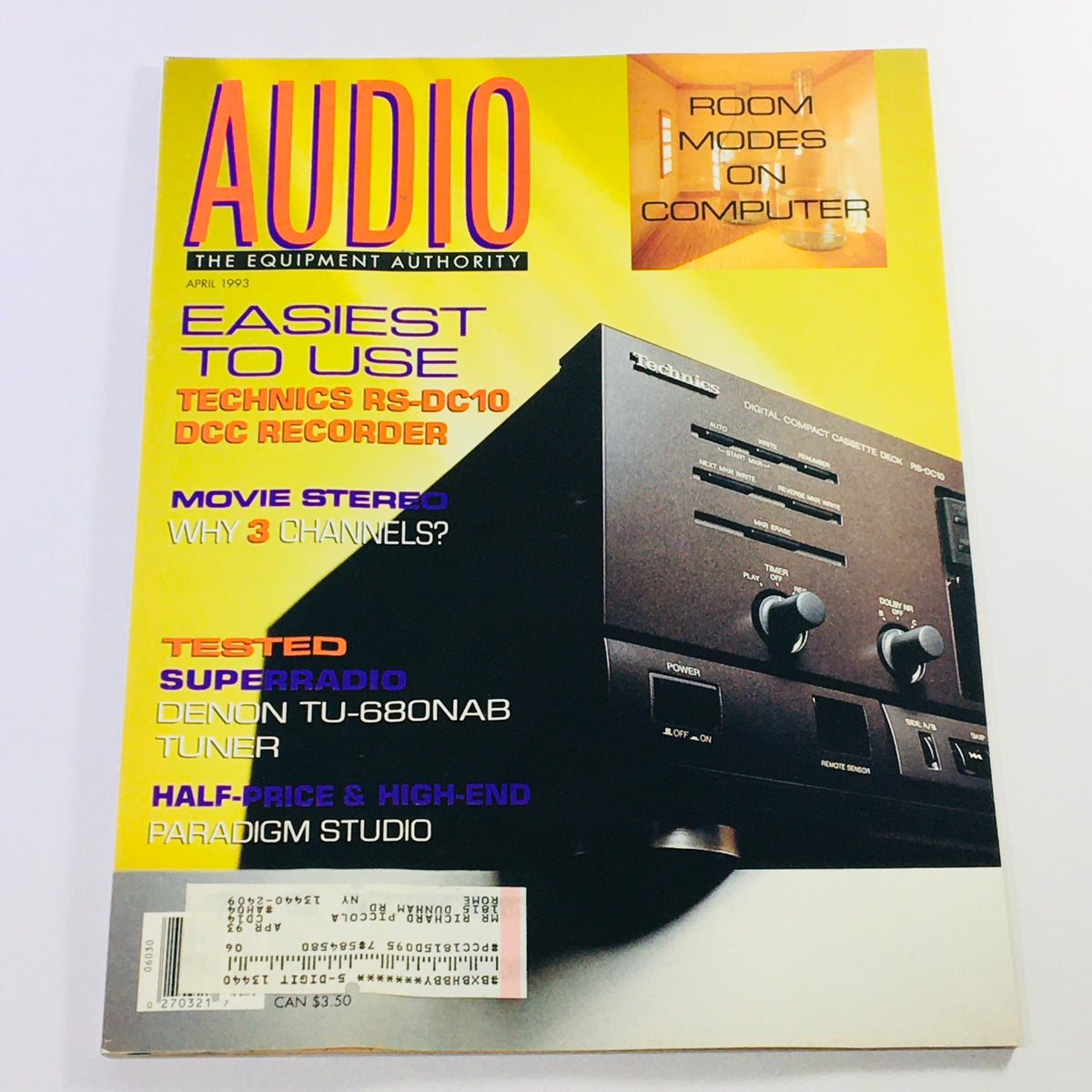Audio Magazine Cover - April 1993 featuring Technics RS-DC10 DCC Recorder and Denon TU-680NAB. The magazine highlights advancements in audio technology with a vibrant design and provocative queries about audio equipment.