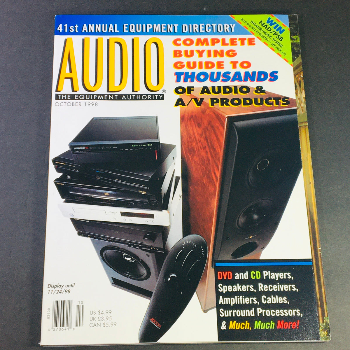 Audio October 1998 magazine cover featuring a complete buying guide to thousands of audio and AV products, showcasing various audio equipment like speakers, receivers, and amplifiers.