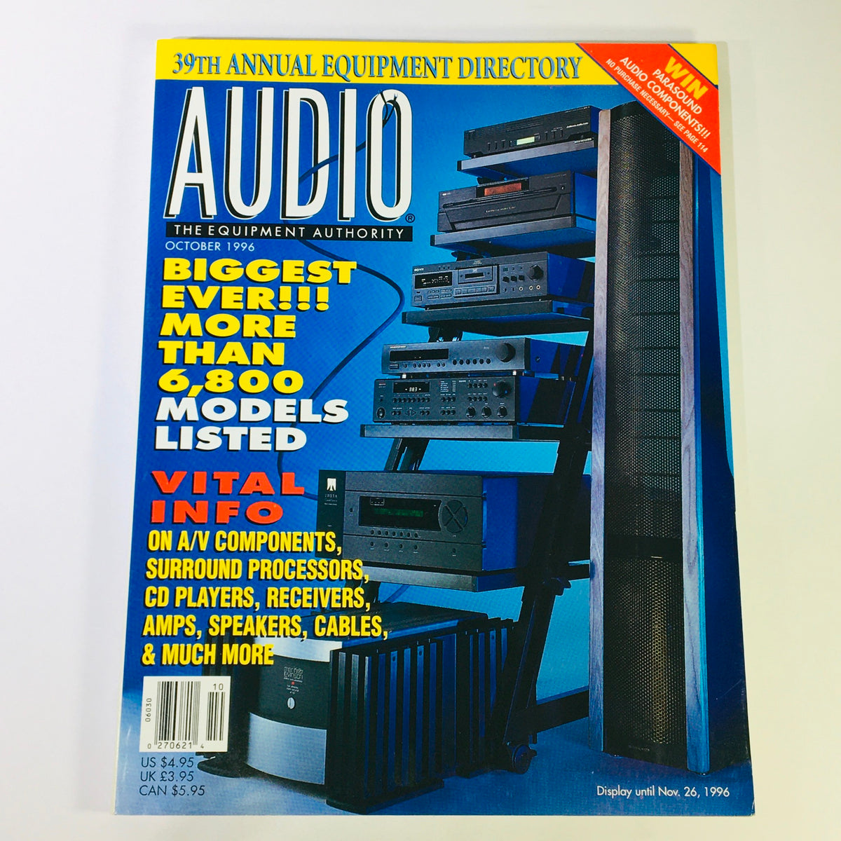 Cover of Audio October 1996 magazine featuring the 39th Annual Equipment Directory for Audio Video Components, showcasing various audio equipment with text highlights on availability and details.