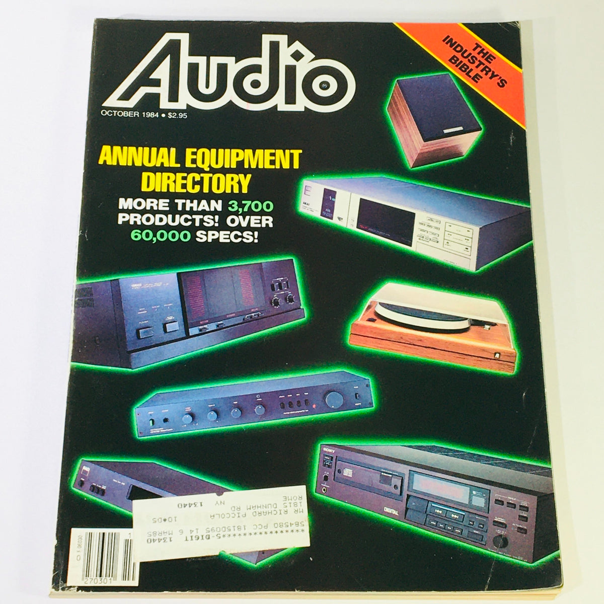 Cover of VTG Audio October 1984 - Annual Equipment Directory, featuring the title prominently and showcasing various audio equipment with specifications listed.