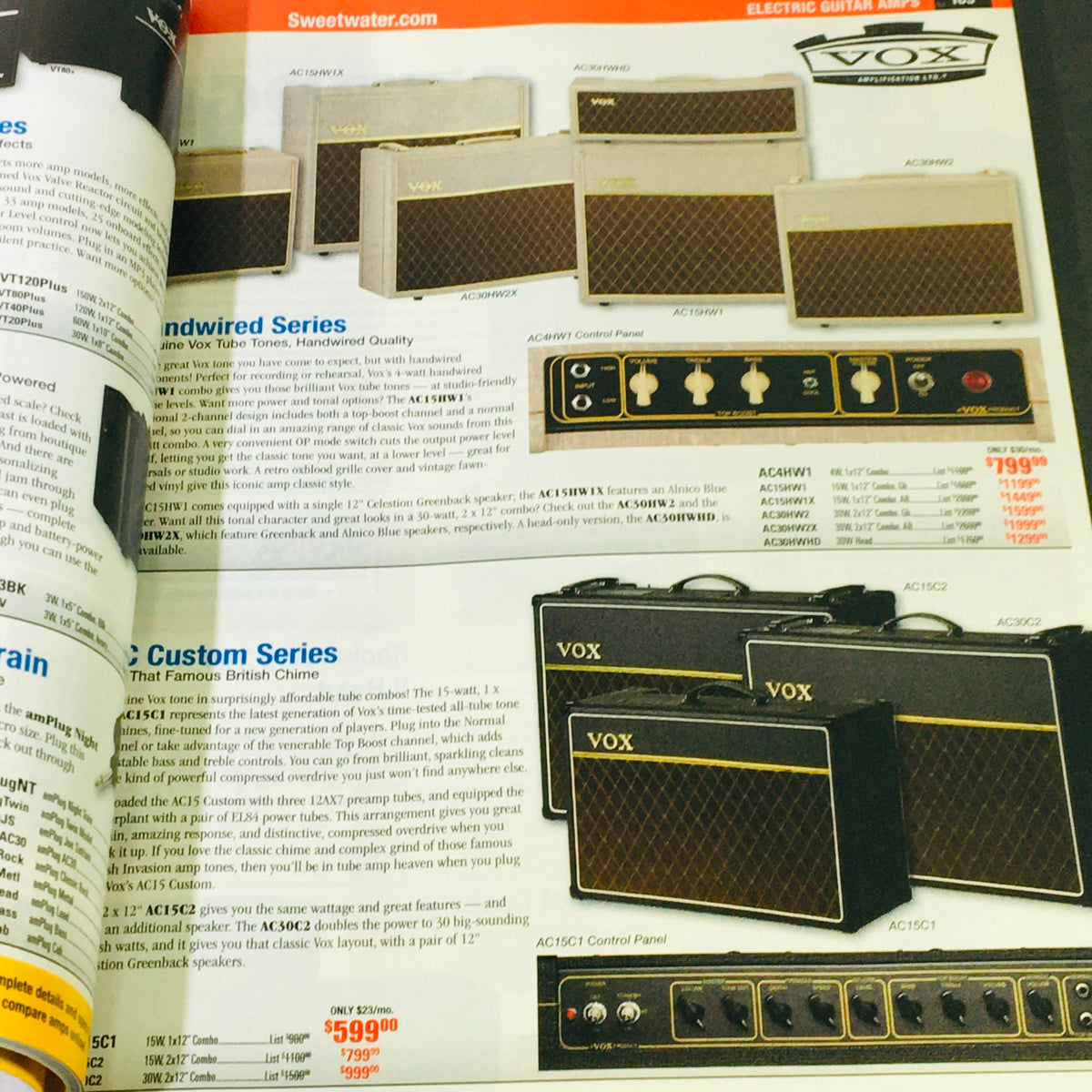 Sweetwater Pro Gear Summer 2013 Vol 89 - Pro Audio, Recording & Mixers Guide showcasing Vox amplifier series with specifications and prices.