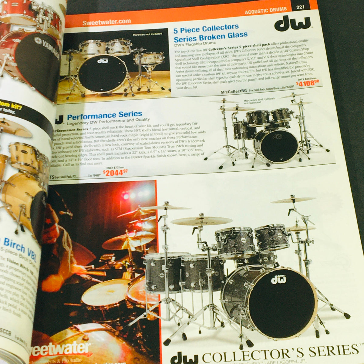 Sweetwater Pro Gear Summer 2013 Vol 89 - Pro Audio, Recording & Mixers Guide featuring DW 5 Piece Collectors Series Broken Glass drum set with pricing info.