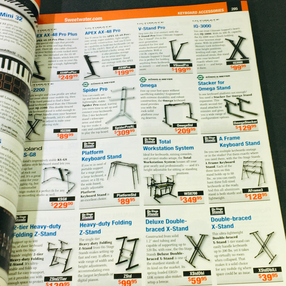 Sweetwater Pro Gear Summer 2013 Vol 89 - Pro Audio, Recording & Mixers Guide displaying various keyboard accessories including stands and pricing.