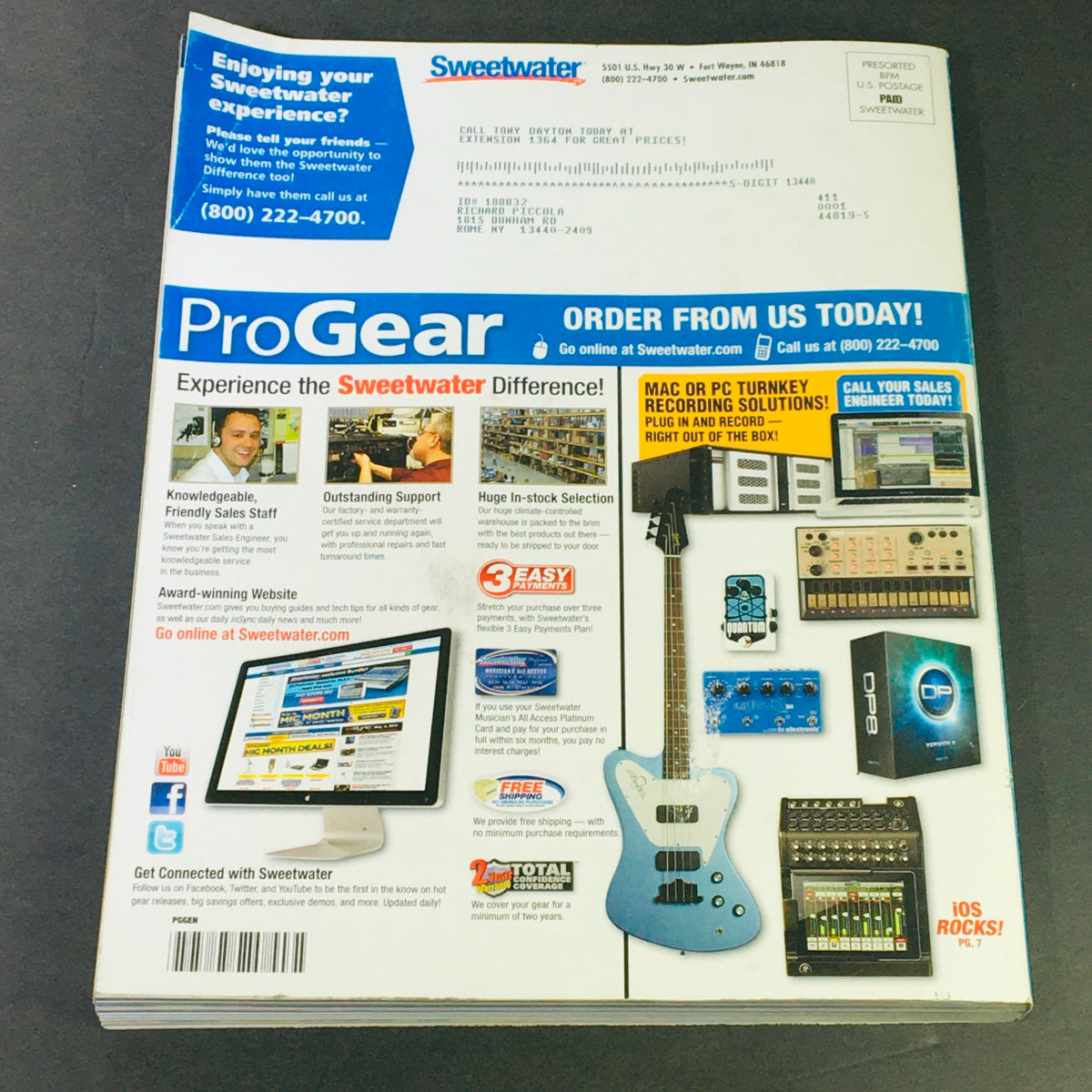 Sweetwater Pro Gear Summer 2013 Vol 89 - Pro Audio, Recording & Mixers Guide back cover featuring promotional offers and contact information for Sweetwater.