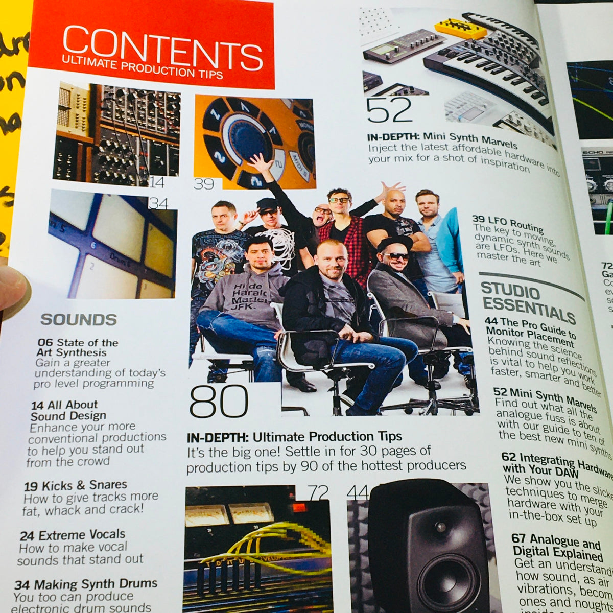 Table of contents from FutureMusic Ultimate Production Tips 2013 Effects, Synth, Mixing & Programming featuring in-depth articles and tutorials on music production, including a layout of topics and featured producers.