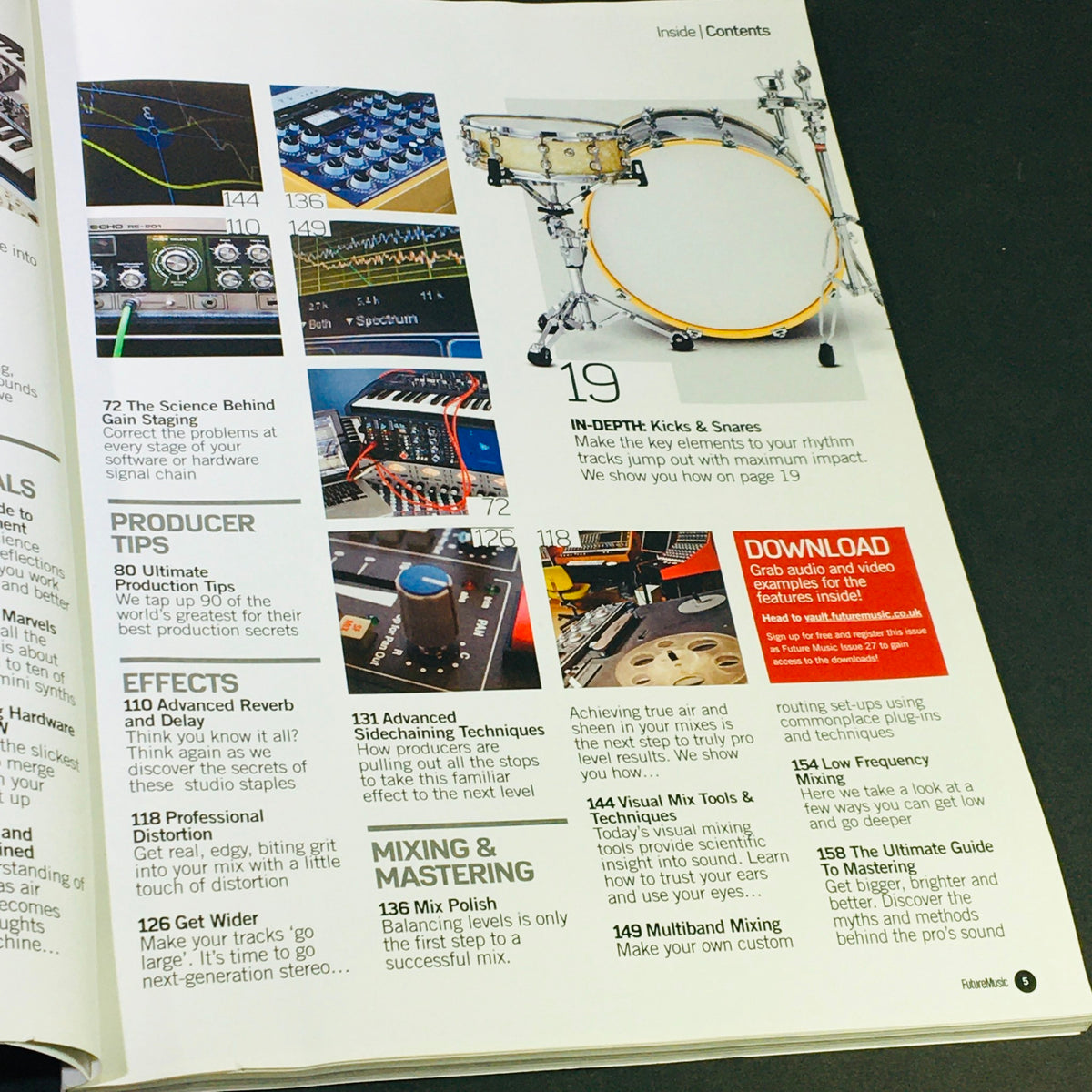 Inside page featuring contents from 'FutureMusic Ultimate Production Tips 2013 Effects, Synth, Mixing & Programming' magazine, showcasing sections on producer tips, effects, mixing, and mastering techniques.