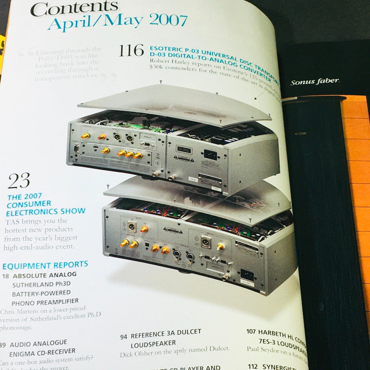 The Absolute Sound Vol 3 #9 April May 2007 contents page featuring details on Esoteric P-03 universal disc transport and D-03 digital-to-analog converter, including a profile of the 2007 Consumer Electronics Show.