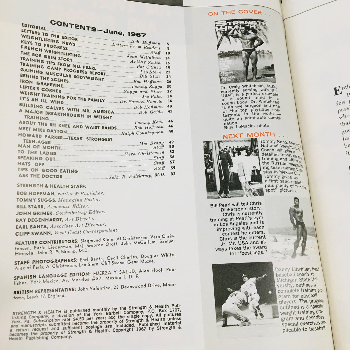 Contents page of Strength & Health Magazine June 1967, outlining articles and features including bodybuilding tips and training advice from the era.