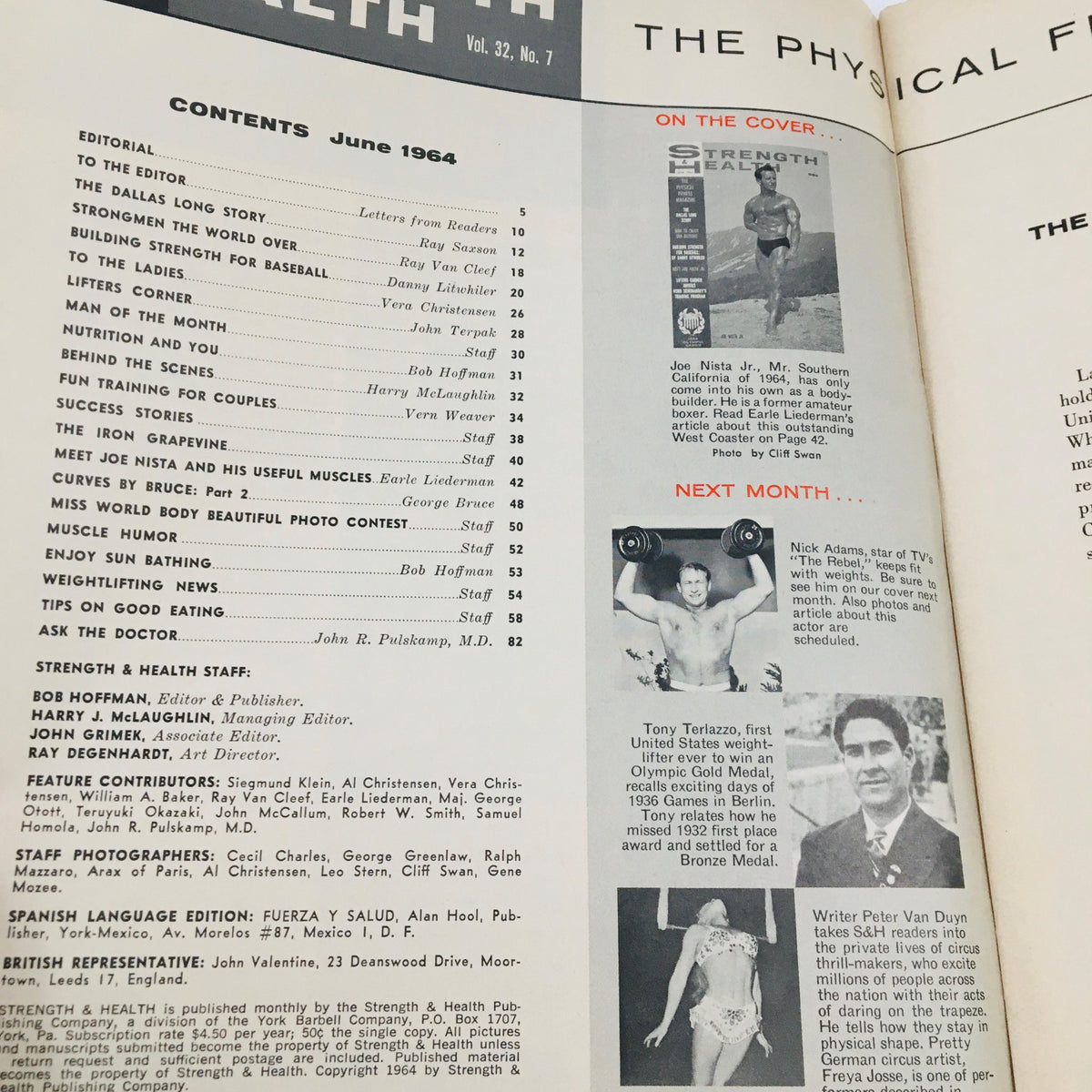Contents page of Strength & Health Magazine June 1964, listing articles including 'Meet Joe Nista Jr.' and various fitness topics, reflecting the era's bodybuilding trends.