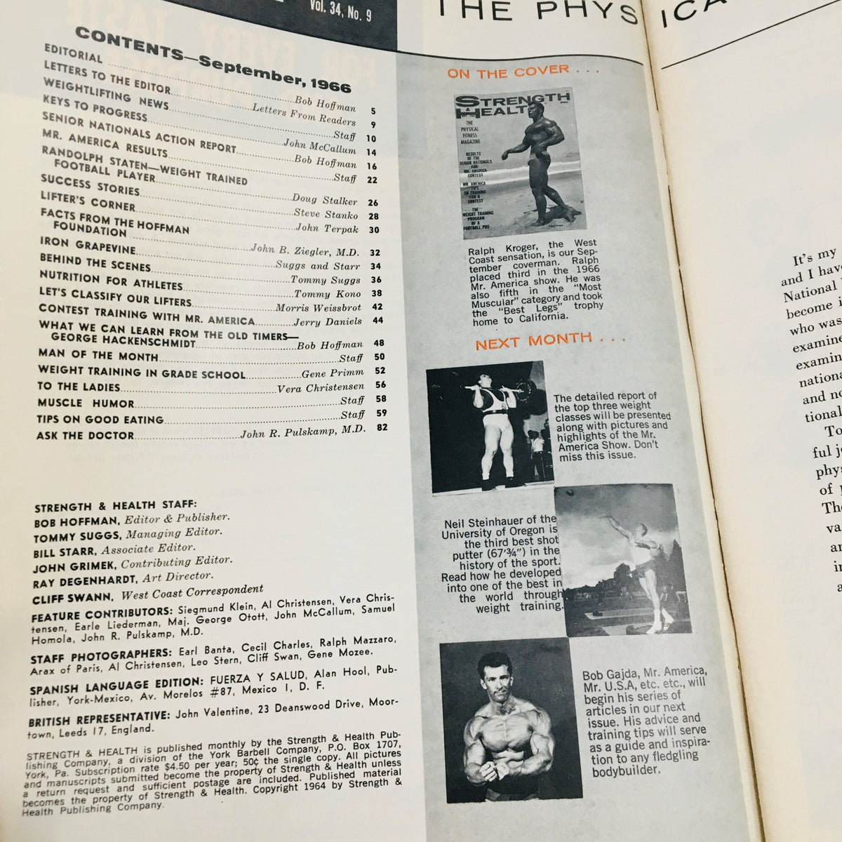 Contents page of Strength & Health Magazine September 1966 detailing articles and features, including a focus on Ralph Kroger and Mr. America Contest results.
