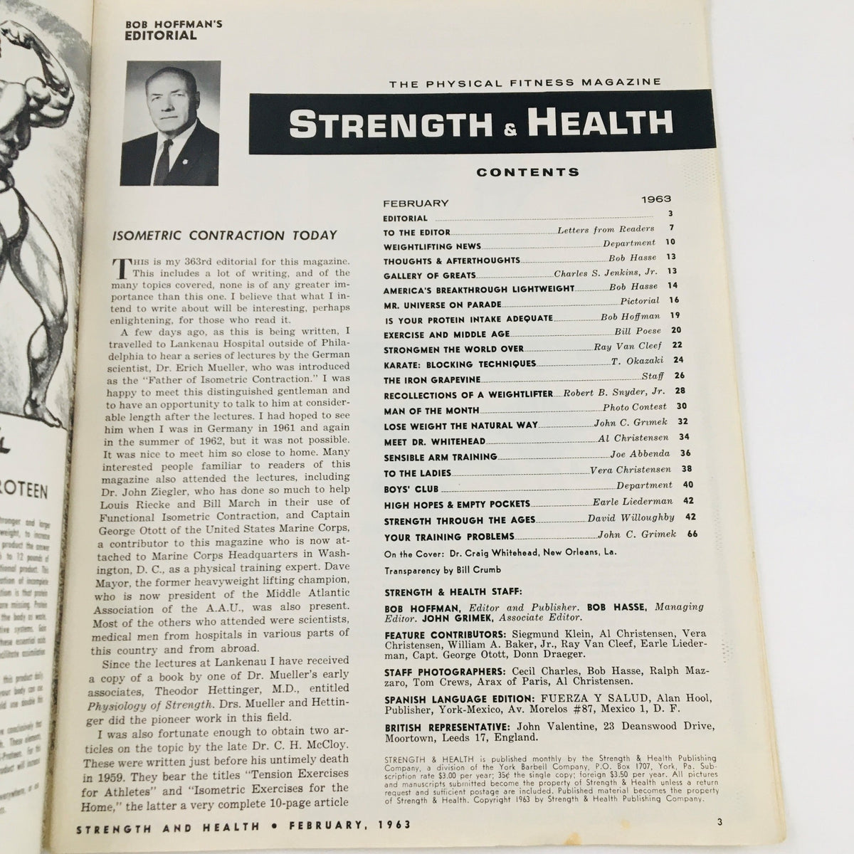 Table of contents page from Strength & Health Magazine February 1963 featuring an editorial by Bob Hoffman and listings of articles related to bodybuilding and fitness.