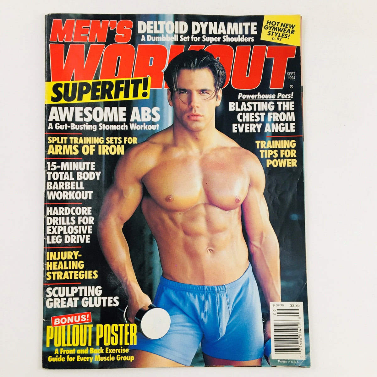 Cover of Men's Workout Magazine September 1994 featuring a muscular male model with a dumbbell, showcasing articles on fitness and workout routines.