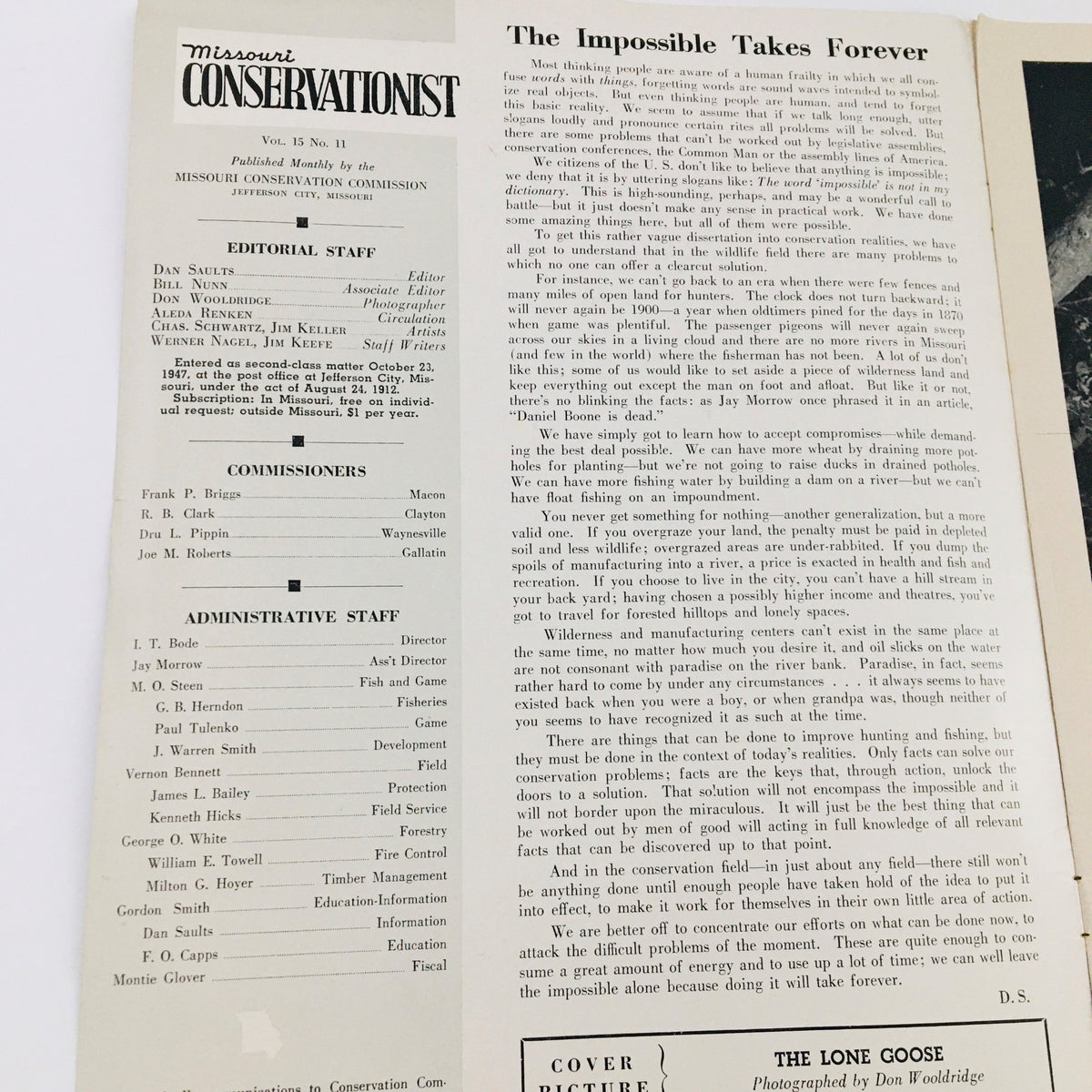 Interior page of VTG Missouri Conservationist Magazine November 1954, presenting the editorial staff and publication details.