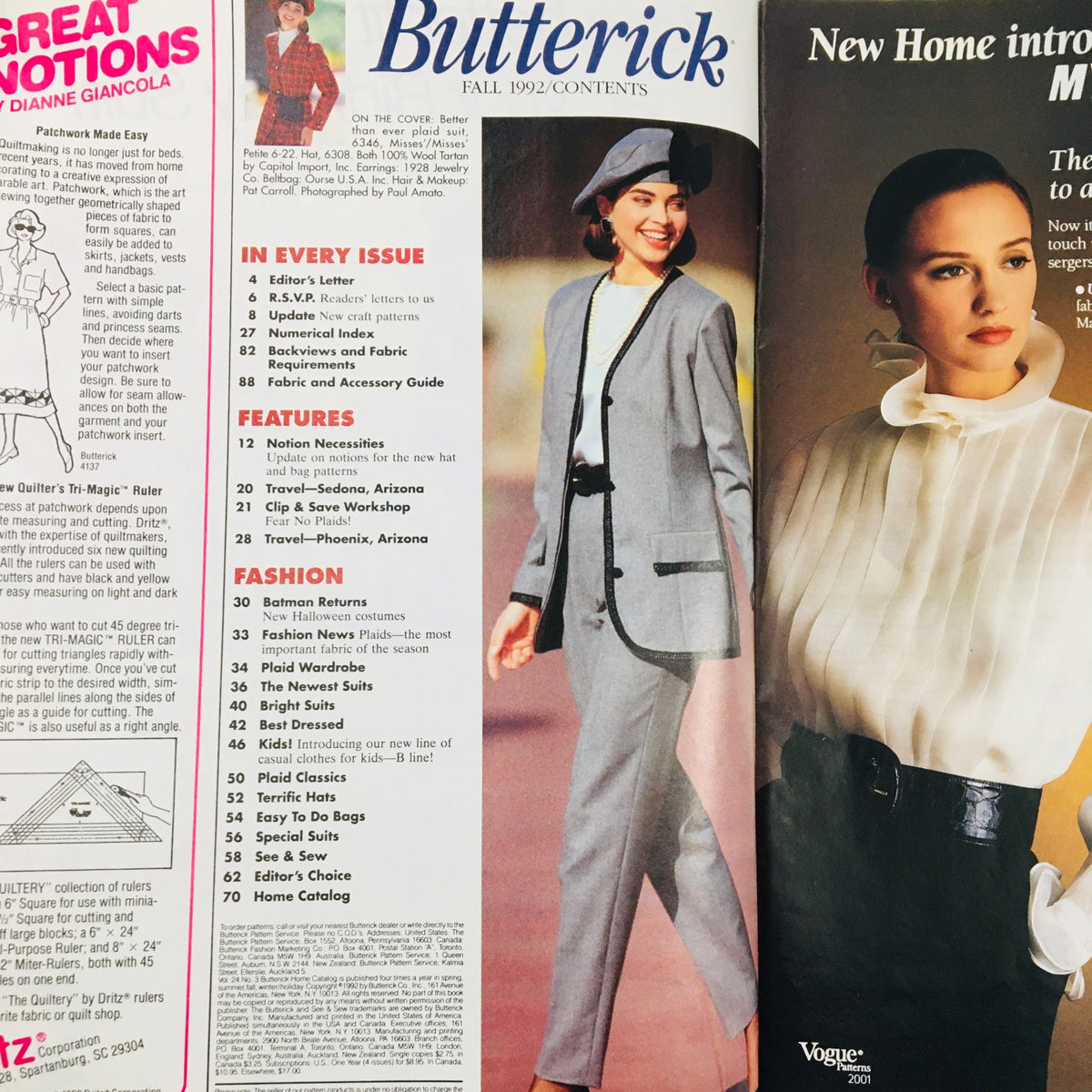 Contents page of Butterick Magazine Fall 1992, highlighting sections like Notion Necessities and Travel in Sedona, Arizona, along with fashion features and other articles.