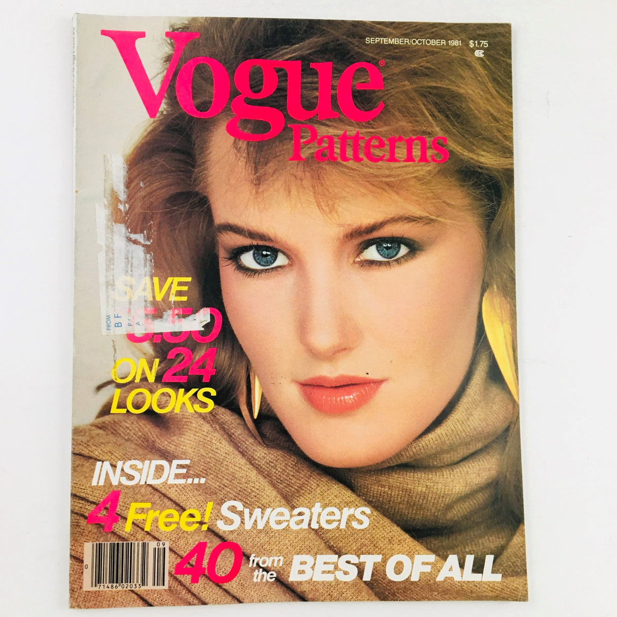 Cover of Vogue Patterns Magazine September 1981 featuring Anne Klein's Big Sweep Into Knits, showcasing a model with stunning blue eyes and styled hair.