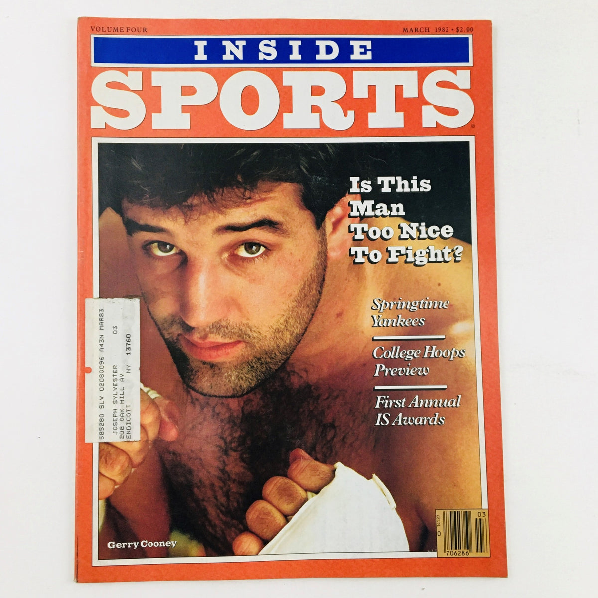 Cover of Inside Sports Magazine from March 1982 featuring Gerry Cooney, an American boxer. The magazine highlights articles on boxing and sports events, with a bold title and image of Cooney. Good condition with an address label on the front.
