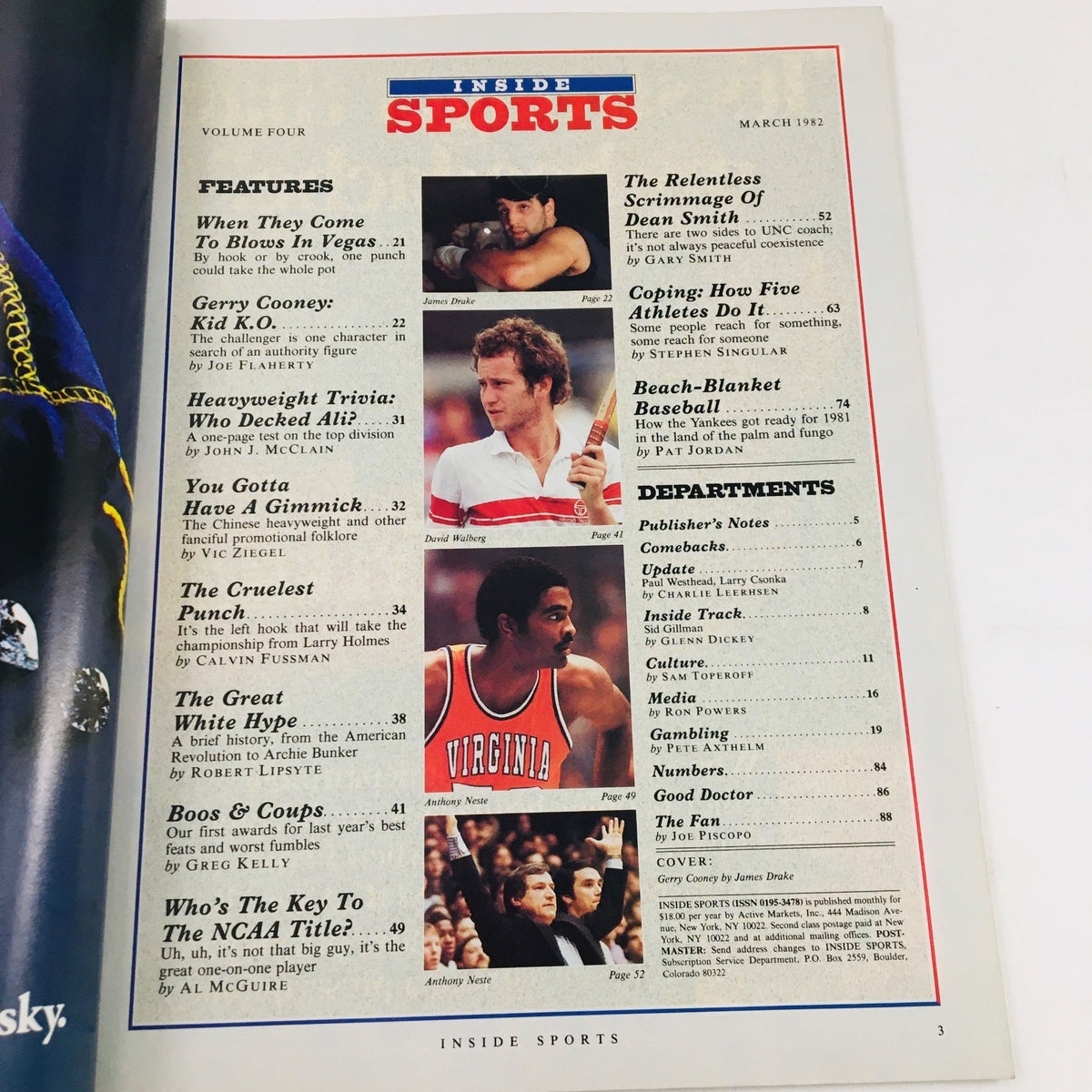 Inside Sports Magazine cover from March 1982 featuring Gerry Cooney, an American boxer, with a table of contents highlighting features on sports topics and athletes.