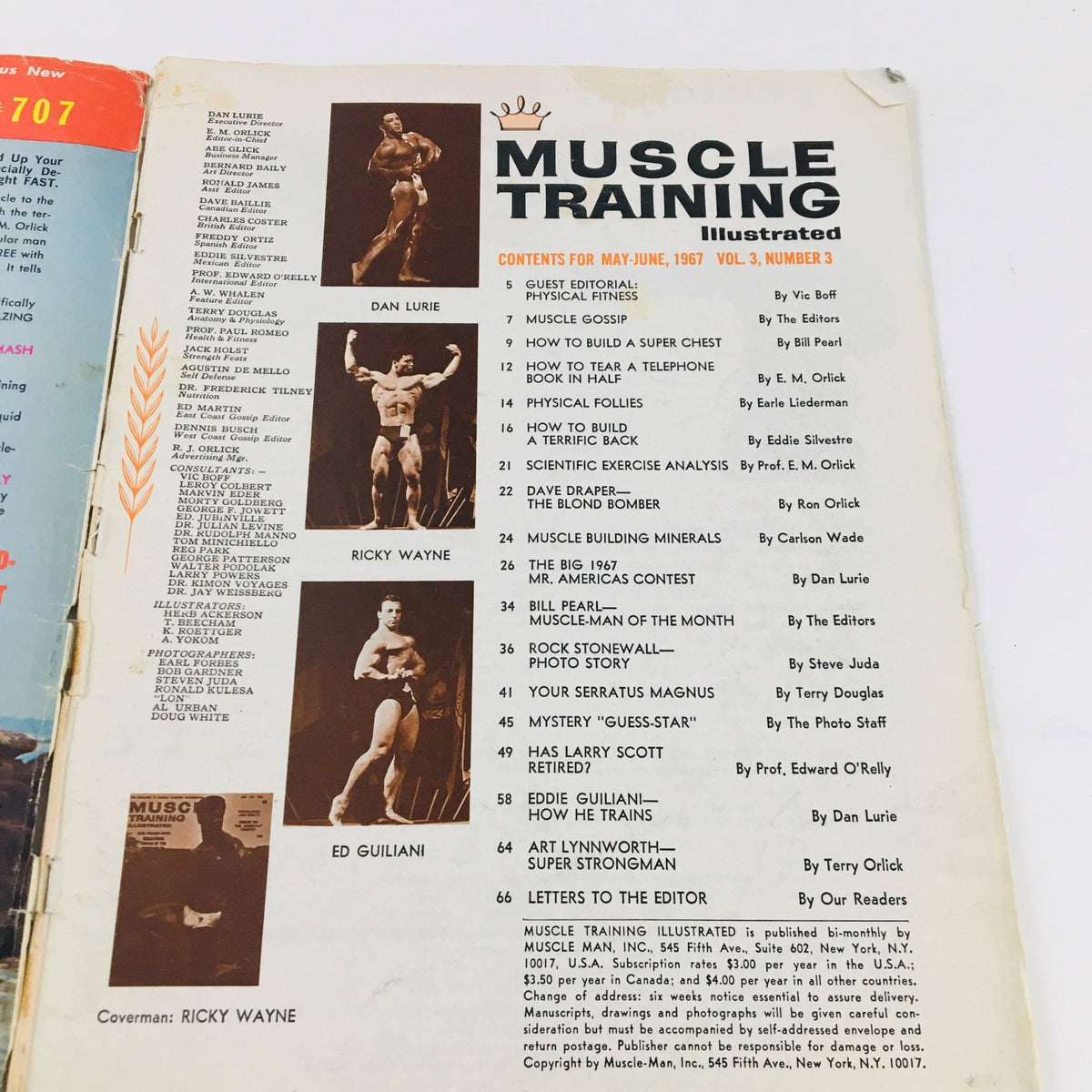 Contents page of Muscle Training Illustrated Magazine May 1967 with a listing of articles and features including legendary bodybuilder Ricky Wayne.