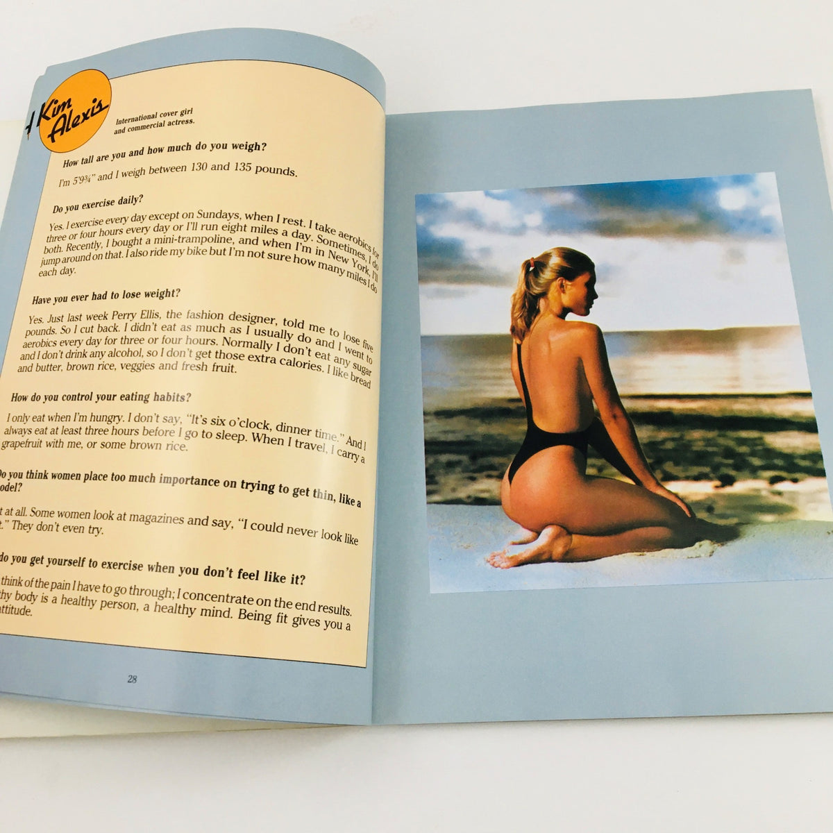 Another interior page from 'The Celebrity Fitness Book' by Wendon Swift, displaying an international cover girl sharing her personal fitness experiences next to a beach photo.