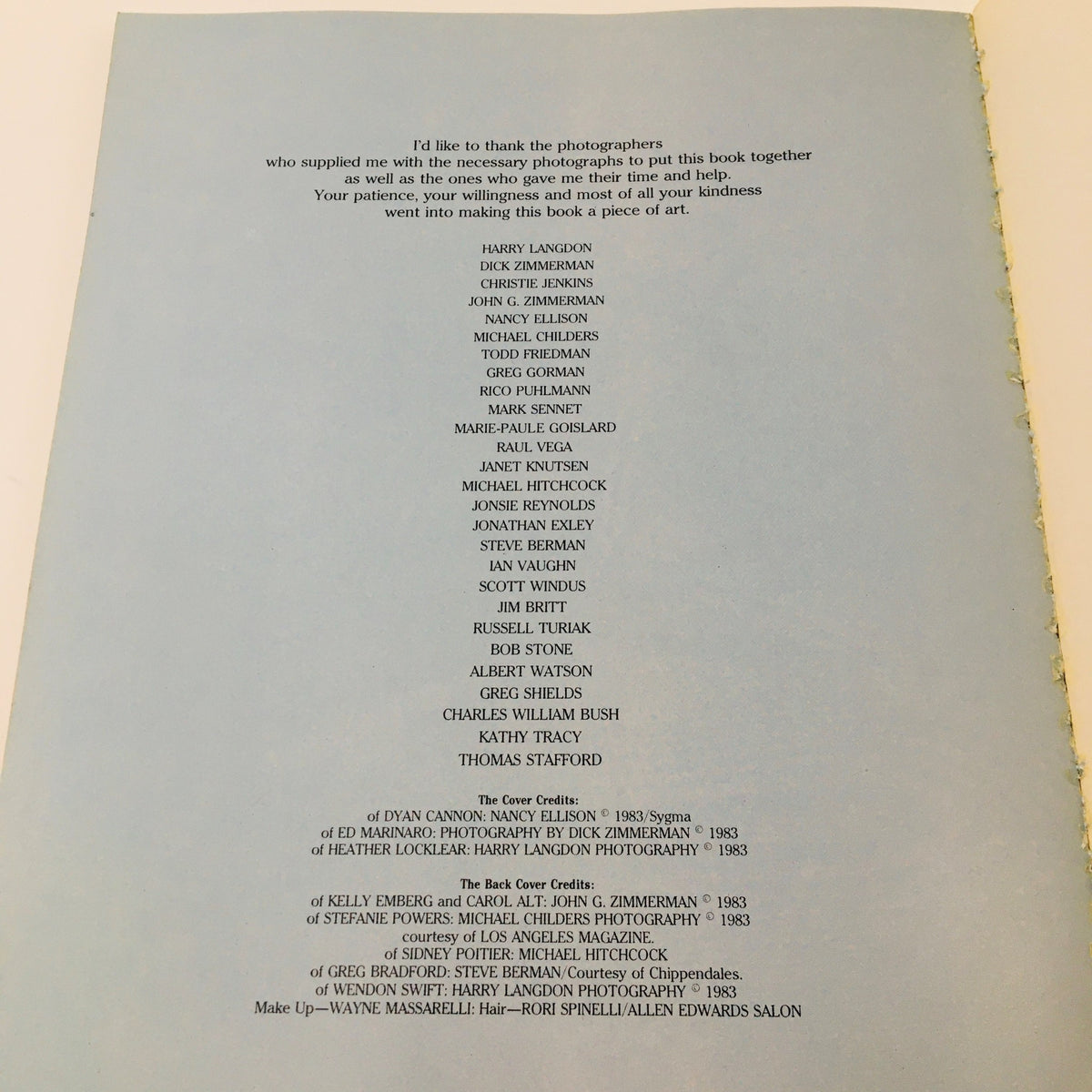 The acknowledgment page of '1983 The Celebrity Fitness Book by Wendon Swift' listing photographers and contributors who helped compile the book.