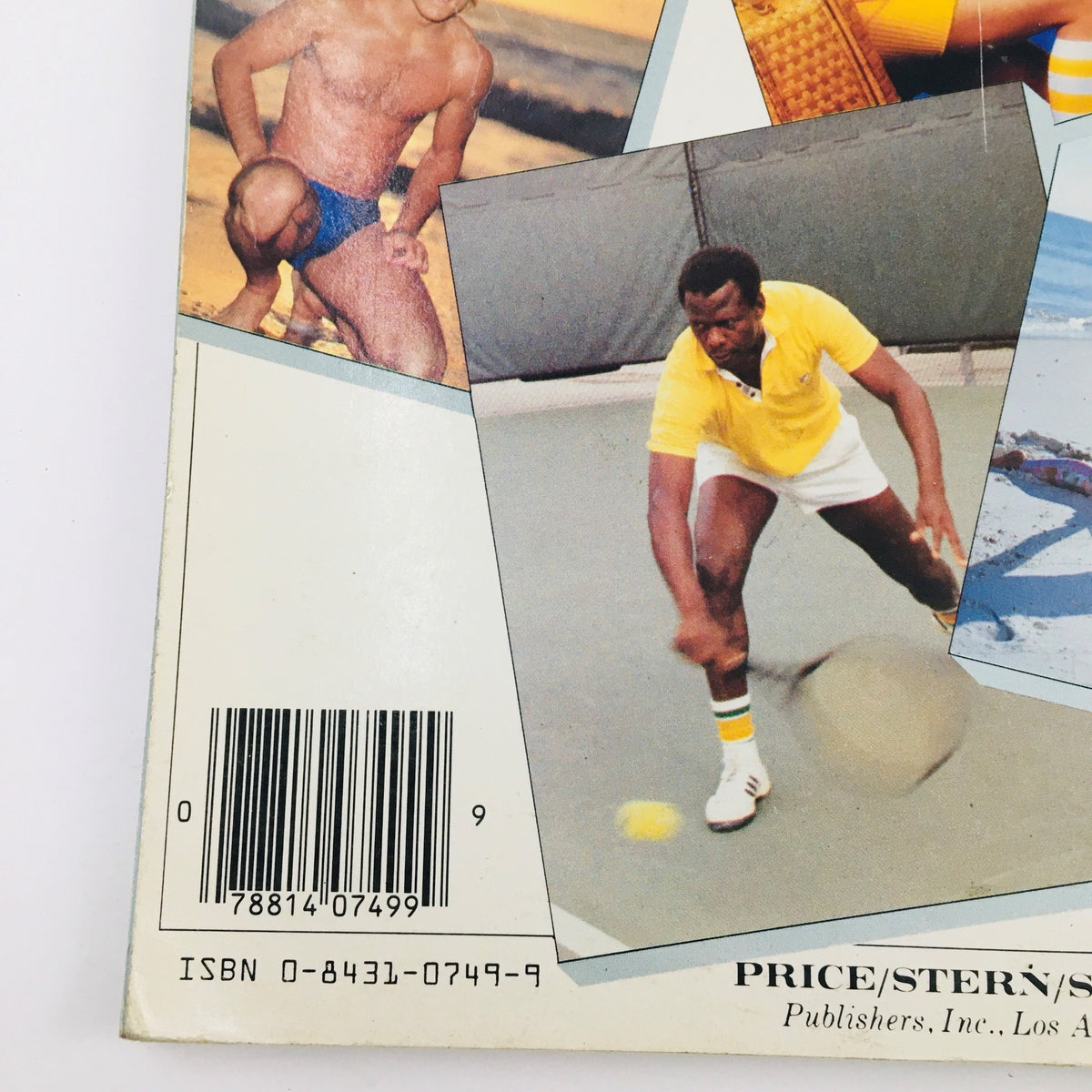 Detail view of the back cover of '1983 The Celebrity Fitness Book by Wendon Swift', highlighting fitness enthusiasts in action, illustrating the book's emphasis on exercise and health.
