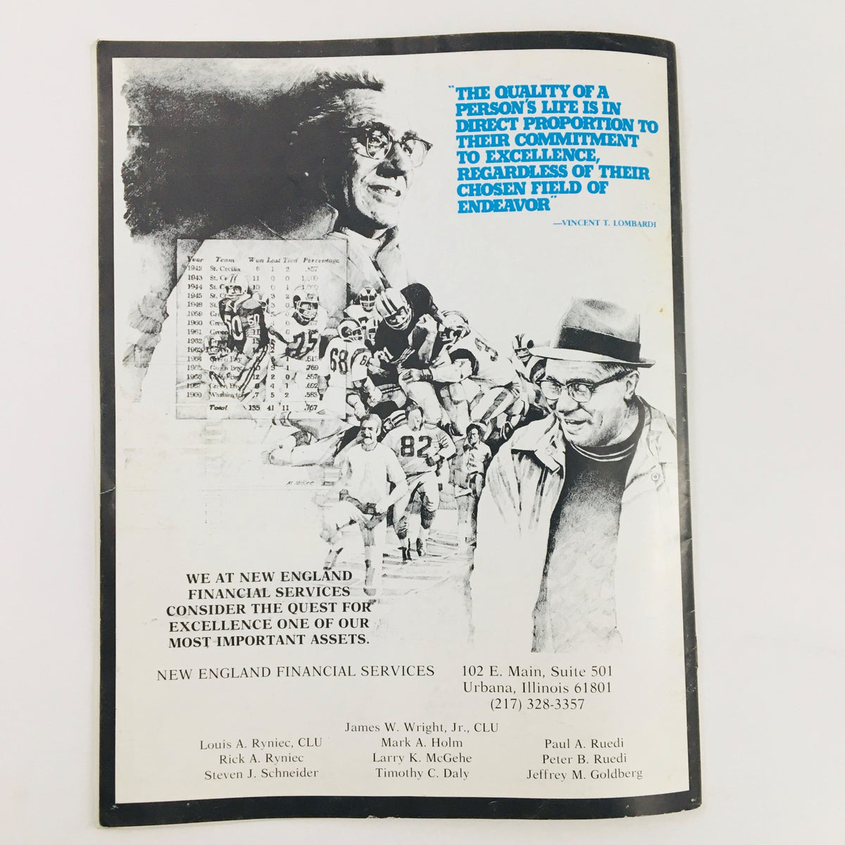 Back cover of the 1986 University of Illinois magazine featuring a financial services ad with a motivational quote and sports imagery.