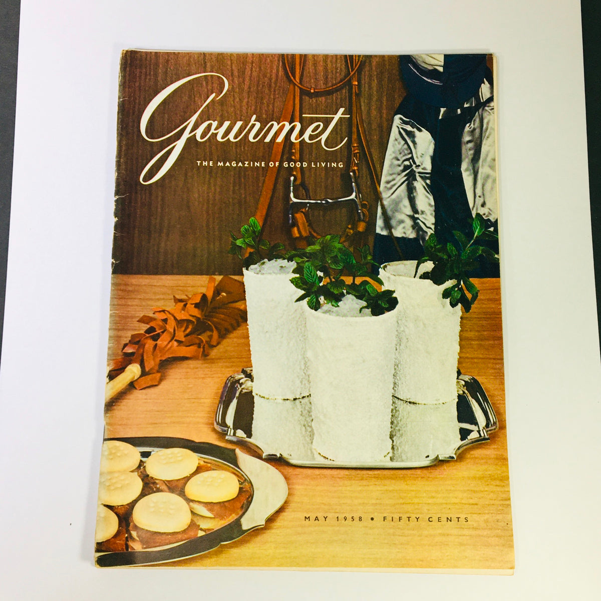 VTG Gourmet The Magazine of Good Living May 1958 cover featuring a stylish presentation with potted mint plants and classic desserts on a silver tray.
