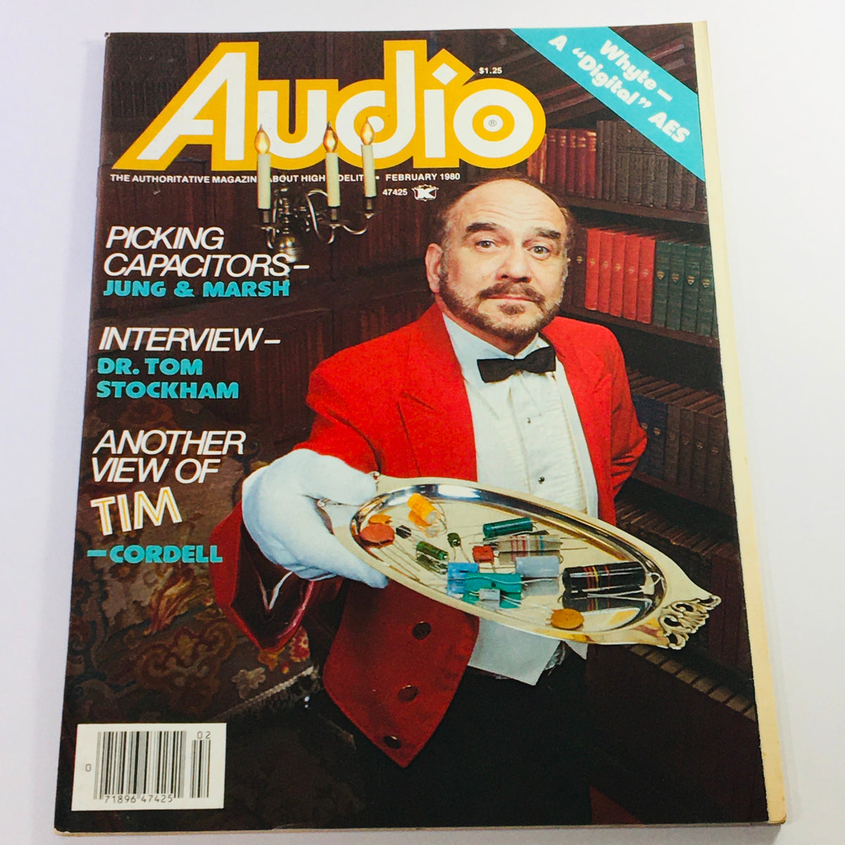 Cover of VTG Audio Magazine February 1980 featuring an interview with Dr. Tom Stockham and articles on Jung & Marsh, with a man in a red tuxedo holding a silver tray.