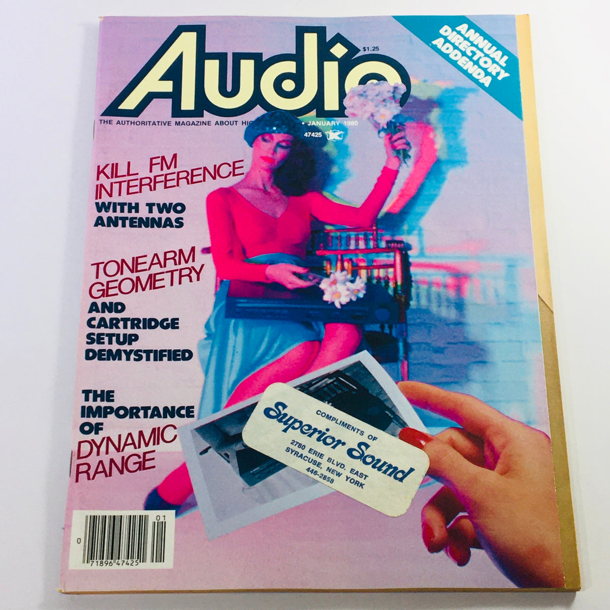 Vintage Audio Magazine January 1980 cover showcasing articles on tonearm geometry and cartridge setup, featuring a woman holding flowers and a stack of records, with colorful graphics and a collectible sticker.