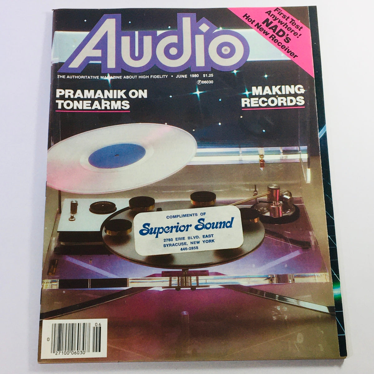 Cover of the VTG Audio Magazine June 1980 featuring the title 'Pramanik on Tonearms & NAD's New Receiver', showcasing a turntable and vibrant graphics, reflecting audio technology from the 1980s.