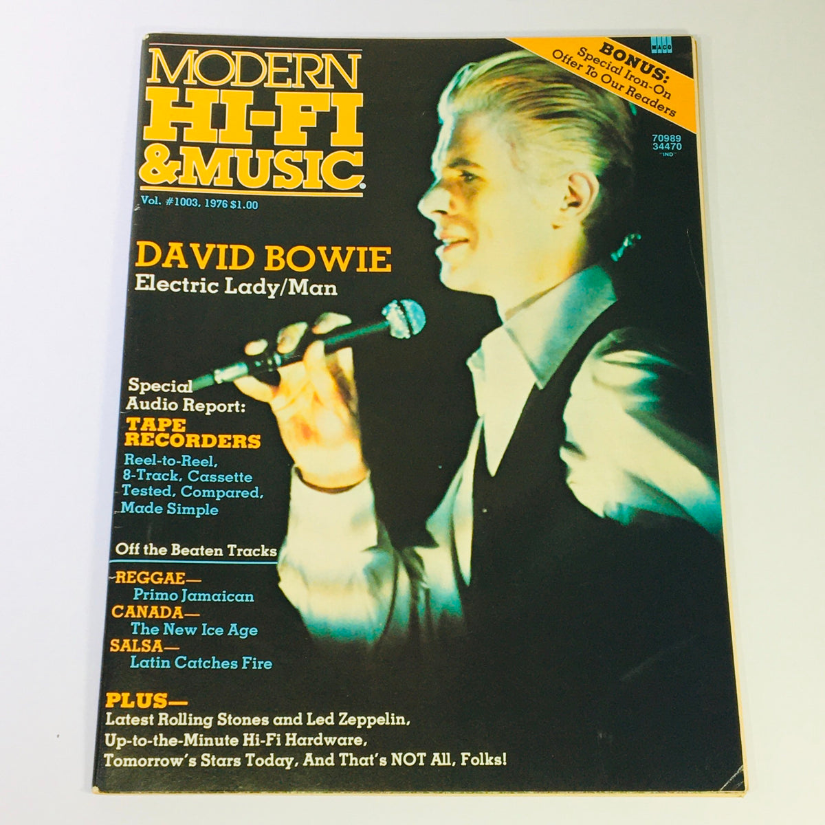 June July 1976 issue of Modern Hi-Fi & Music, Volume 1003 featuring David Bowie on the cover with the headline 'Electric Lady/Man', showcasing a vintage design and vibrant colors.